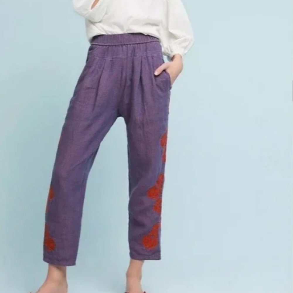 Anthropologie Women's Floral Embroidered Cropped Linen Pull-On Pant Size…